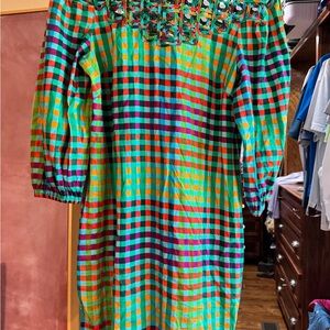 Anthropologie Ranna Gill Lattice Bodice Plaid Shift Dress Sz M